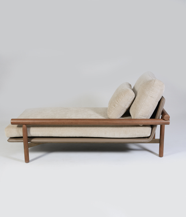 Stilt daybed dry oak sepia leather opal wheat cushion right arm